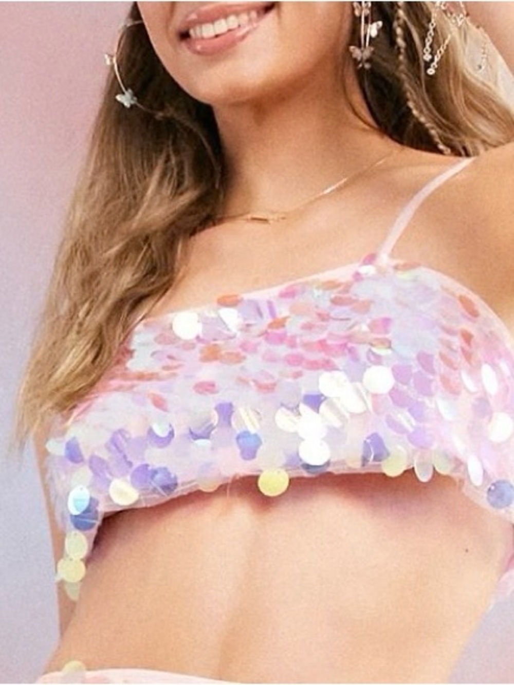 NWT Storia Pink Disco Iridescent Sequin Crop Top With Adjustable Straps Medium